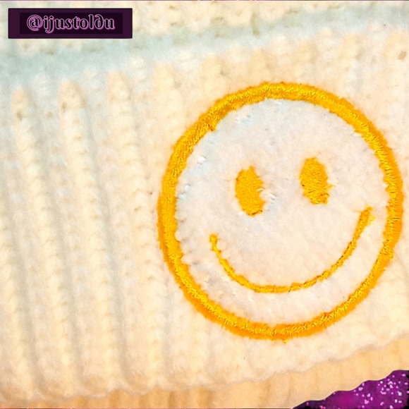 Ladies Smiley Face Ribbed Knit Beanie | Cream 1 Size Fits Most | Old E. Main Co. - Picture 15 of 15